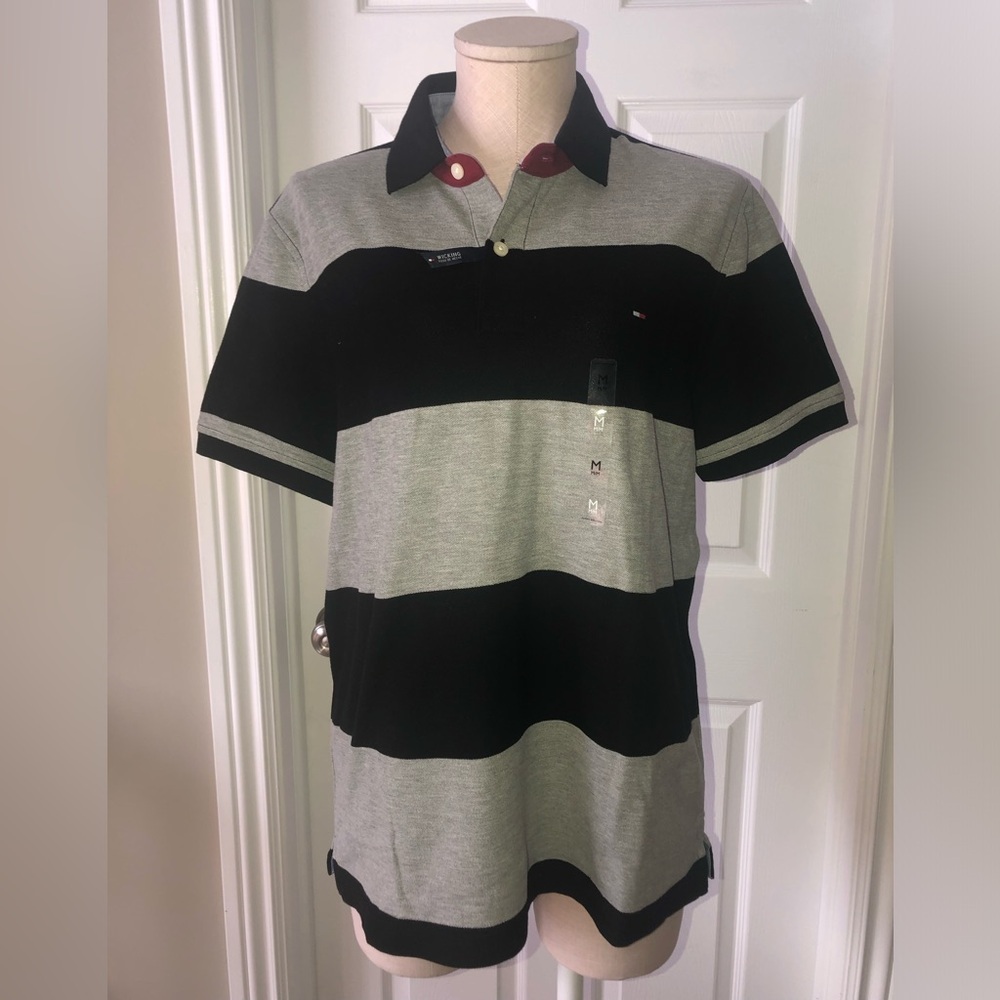 Tommy Hilfiger Men's Striped Polo Shirt - Black and Gray